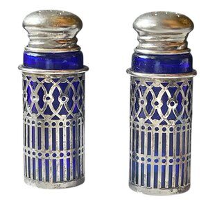 F B Rogers Silver Overlay Cobalt Blue Glass Salt & Pepper Shakers Vintage